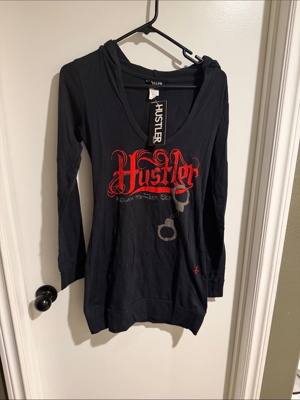 Hustler Hollywood Black Long-Sleeve V-Neck Hoodie with Red Logo